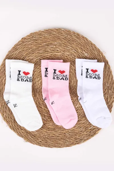 Pembe (3-4  Yaş)I Love Dad Desenli  3'lü Kız Çocuk Çorap 467406