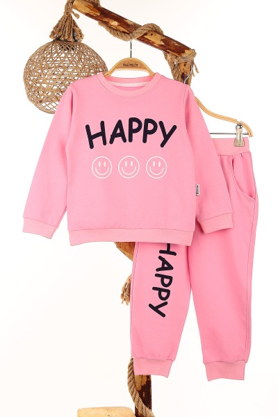 Pembe (3-6 Yaş) Happy Emoji Baskılı Kız Çocuk Takım 147019