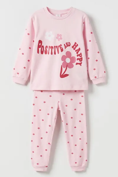 Pembe (3-6 Yaş ) Papatya  Baskılı Penye Kız Çocuk  Pijama Takım 500340
