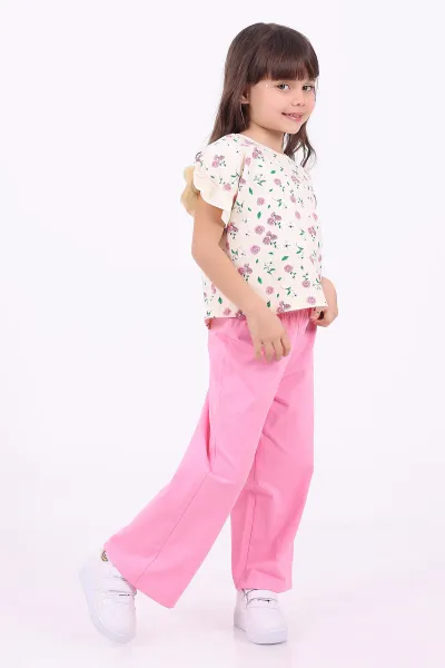 Pembe (3-6 Yaş)Çiçek Baskılı Kol Fırfırlı  Kız Çocuk Yazlık Takım 347593
