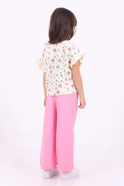 Pembe (3-6 Yaş)Çiçek Baskılı Kol Fırfırlı  Kız Çocuk Yazlık Takım 347593