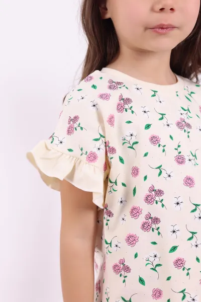 Pembe (3-6 Yaş)Çiçek Baskılı Kol Fırfırlı  Kız Çocuk Yazlık Takım 347593
