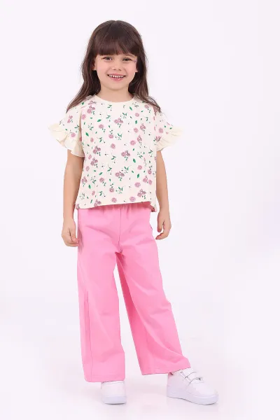 Pembe (3-6 Yaş)Çiçek Baskılı Kol Fırfırlı  Kız Çocuk Yazlık Takım 347593