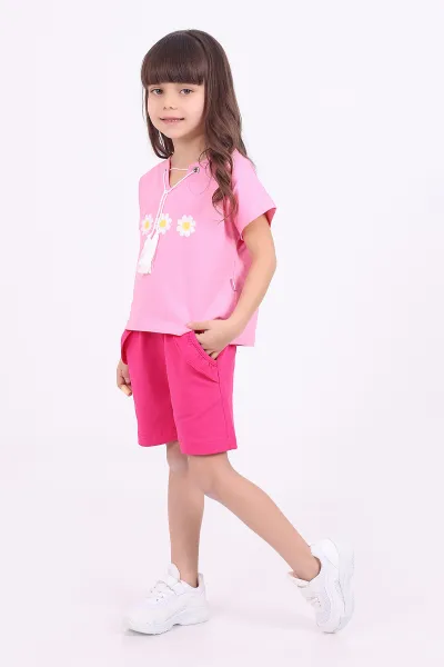 Pembe (3-6 Yaş)İp Bağlamalı Çiçek Nakışlı Şortlu Kız Çocuk Yazlık Takım 347491