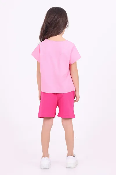 Pembe (3-6 Yaş)İp Bağlamalı Çiçek Nakışlı Şortlu Kız Çocuk Yazlık Takım 347491