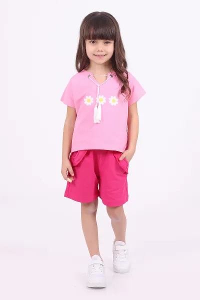 Pembe (3-6 Yaş)İp Bağlamalı Çiçek Nakışlı Şortlu Kız Çocuk Yazlık Takım 347491