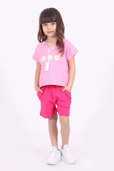 Pembe (3-6 Yaş)İp Bağlamalı Çiçek Nakışlı Şortlu Kız Çocuk Yazlık Takım 347491