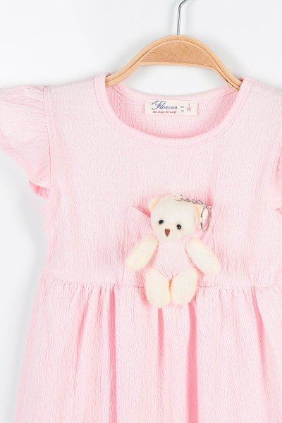 Pembe (3-7 Yaş) Ayı Oyuncaklı Kol Fırfırlı Kız Çocuk Elbise 169826