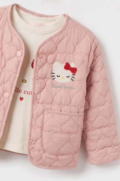 Pembe (3-7  Yaş) Baskılı Badili Kot Pantolonlu Kapitone Ceketli Kız Çocuk 3'lü Takım 500930