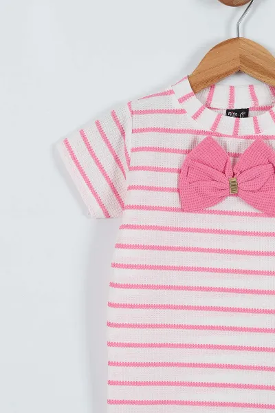 Pembe (3-7 Yaş) Çizgili Fiyonklu Şort Etekli Kız Çocuk Takım 271327