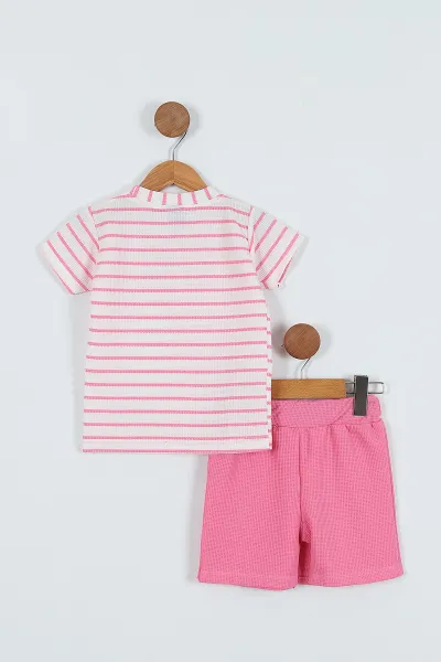 Pembe (3-7 Yaş) Çizgili Fiyonklu Şort Etekli Kız Çocuk Takım 271327