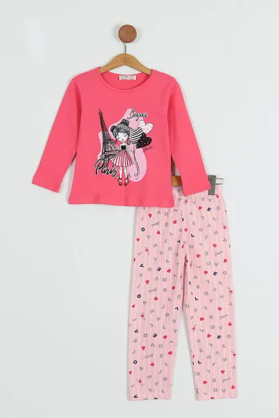 Pembe (3-7 Yaş) Eyfel Baskılı Kız Çocuk Pijama Takımı 253179
