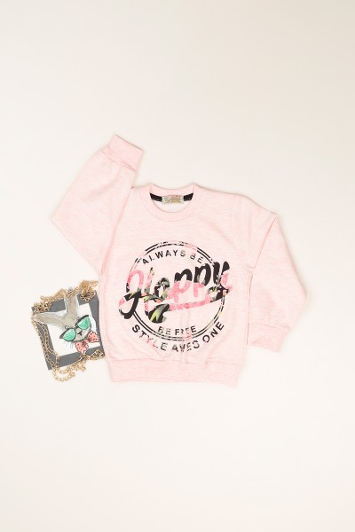 Pembe (3-12 Yaş) Happy Baskılı İçi Şardonlu Kız Çocuk Sweatshirt 82153