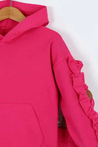 Pembe (3-7 Yaş) Kol Fırfırlı Kanguru Cepli Kız Çocuk Takım 252202