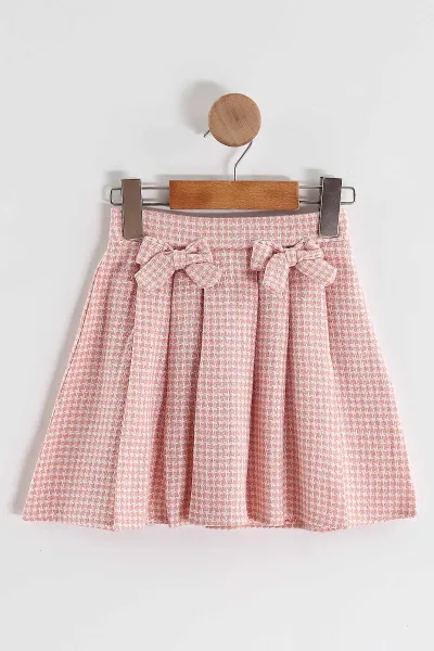 Pembe (3-7 Yaş) Love Nakışlı Badili Peluş Yelekli Ekose Pileli Etekli Kız Çocuk 3'lü Takım 438908