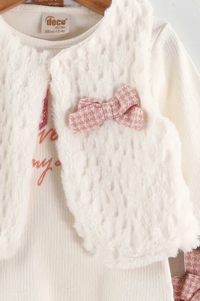 Pembe (3-7 Yaş) Love Nakışlı Badili Peluş Yelekli Ekose Pileli Etekli Kız Çocuk 3'lü Takım 438908