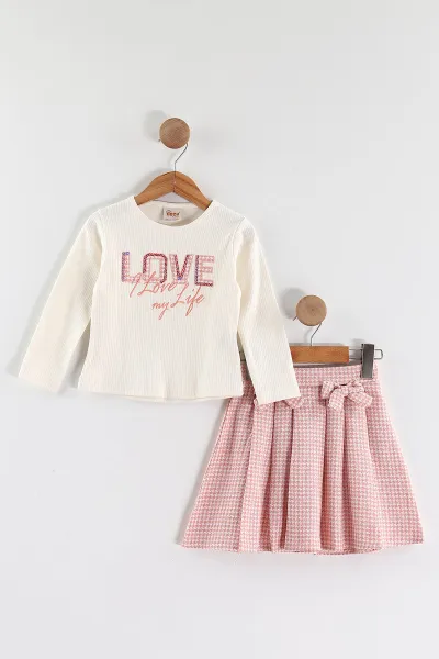 Pembe (3-7 Yaş) Love Nakışlı Badili Peluş Yelekli Ekose Pileli Etekli Kız Çocuk 3'lü Takım 438908