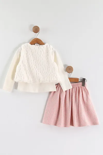 Pembe (3-7 Yaş) Love Nakışlı Badili Peluş Yelekli Ekose Pileli Etekli Kız Çocuk 3'lü Takım 438908