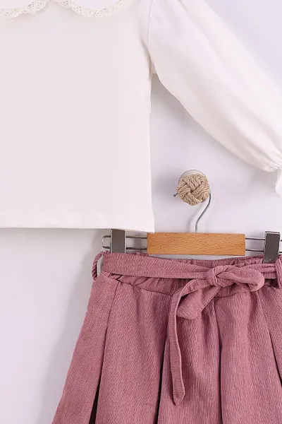 Pembe (3-7 Yaş ) Yakası Dantel Detaylı Fiilli Etekli Kız Çocuk 2'li Takım 442206