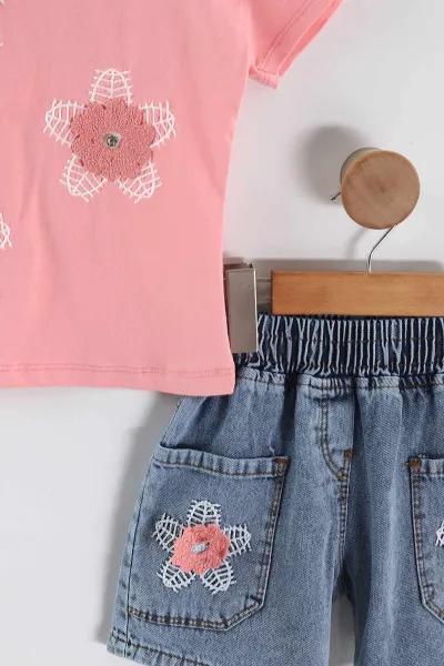 Pembe (3-7 Yaş)Çiçek Nakışlı Önden Cepli Kot Şortlu Kız Çocuk Takım 458646