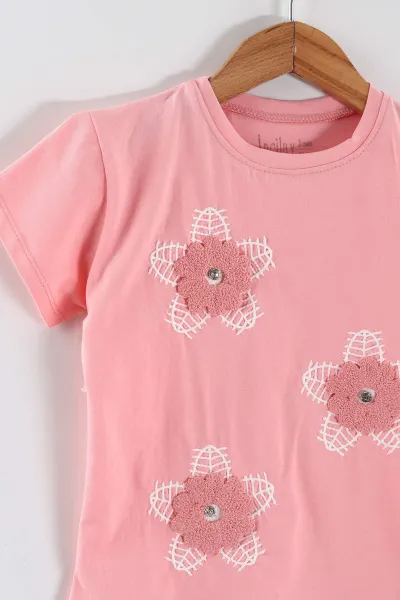 Pembe (3-7 Yaş)Çiçek Nakışlı Önden Cepli Kot Şortlu Kız Çocuk Takım 458646