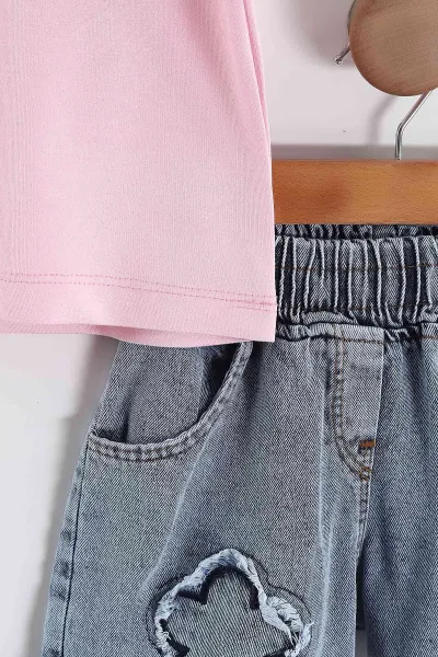 Pembe (3-7 Yaş)Çiçek Nakışlı Taşlı Kot Şortlu Kız Çocuk Takım 455272