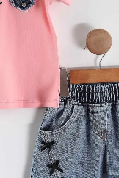 Pembe (3-7 Yaş)Kalp Nakışlı Fiyonklu Kot Şortlu Kız Çocuk Takım 455275