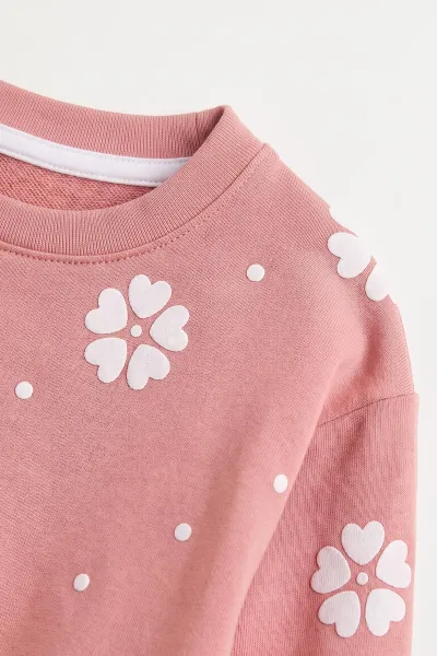 Pembe (3-8 Yaş) Çiçek  Baskılı 2 İp Sweatli Fitilii Bol Paça  Taytlı Kız Çocuk Mevsimlik Takım 484946