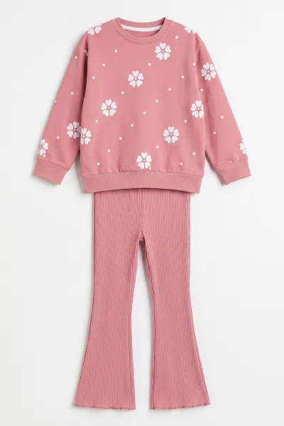 Pembe (3-8 Yaş) Çiçek  Baskılı 2 İp Sweatli Fitilii Bol Paça  Taytlı Kız Çocuk Mevsimlik Takım 484946