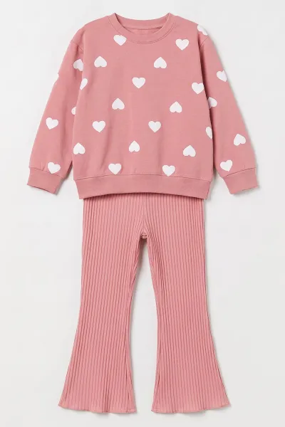 Pembe (3-8 Yaş)Kalp Baskılı 2 İp Fitilii  İspanyol Taytlı Kız Çocuk Takım 492578