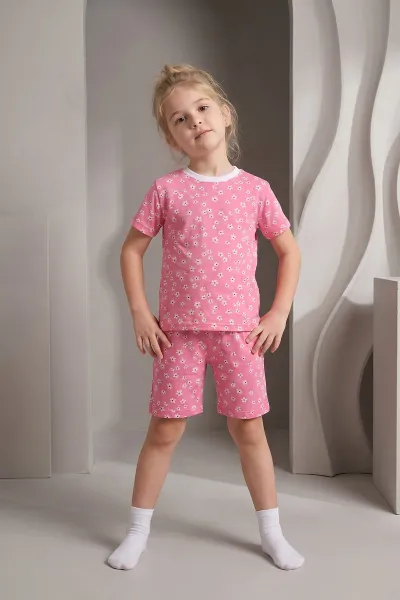 Pembe (3-8 Yaş)Küçük Çiçek Desenli Şortlu Kız Çocuk Pijama Takımı 461465