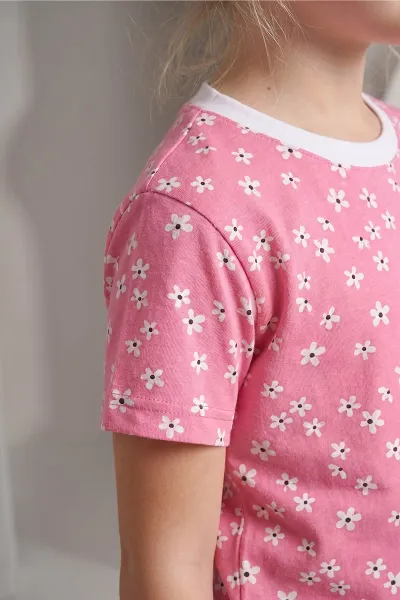 Pembe (3-8 Yaş)Küçük Çiçek Desenli Şortlu Kız Çocuk Pijama Takımı 461465