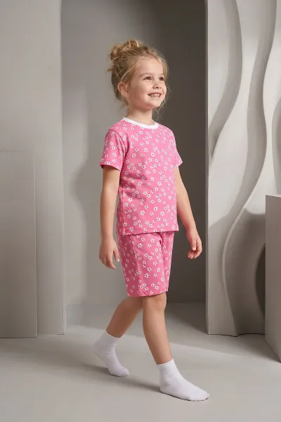 Pembe (3-8 Yaş)Küçük Çiçek Desenli Şortlu Kız Çocuk Pijama Takımı 461465