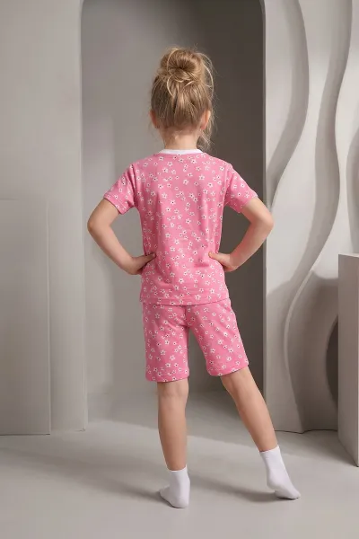 Pembe (3-8 Yaş)Küçük Çiçek Desenli Şortlu Kız Çocuk Pijama Takımı 461465