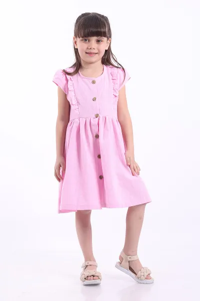 Pembe (3-8 Yaş)Önden Fırfırlı Düğmeli Kız Çocuk Elbise 345128