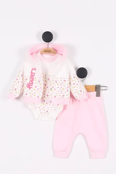Pembe (3-9 Ay) Flowers Nakışlı Çiçek Desenli Kapüşonlu Kız Bebek Takım 279948