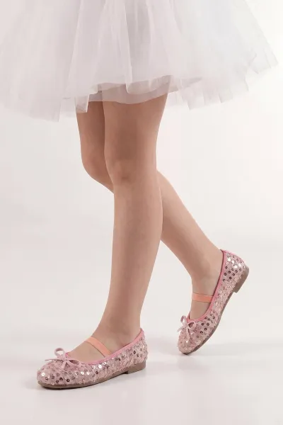 Pembe ( 30 - 35 ) Fiyonklu Pul Detaylı Kız Çocuk Babet 455355