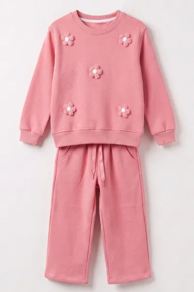Pembe (4-11 Yaş) Çiçek Nakışlı Taşlı Baskılı 3 İp Şardonlu Kız Çocuk Kışlık Takım 482971