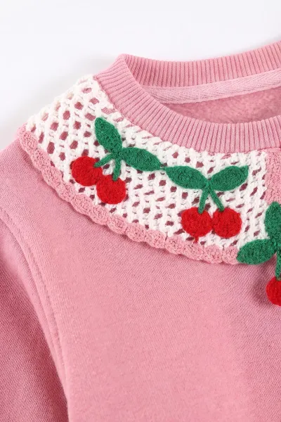 Pembe (4-11 Yaş) Yakası Kiraz Nakışlı 3 İp Şardonlu Kız Çocuk Kışlık Takım 483043