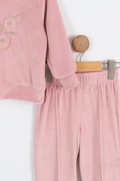 Pembe (4-11 Yaş)Kelebek Nakışlı Kadife Kız Çocuk Takım 308799