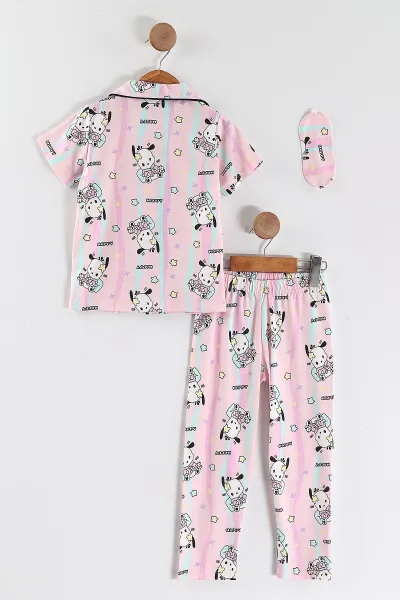 Pembe (4-12 Yaş) Baskılı Kısa Kol Ön Düğmeli Göz Bandı Detaylı Kız Çocuk Pijama Takım 453254