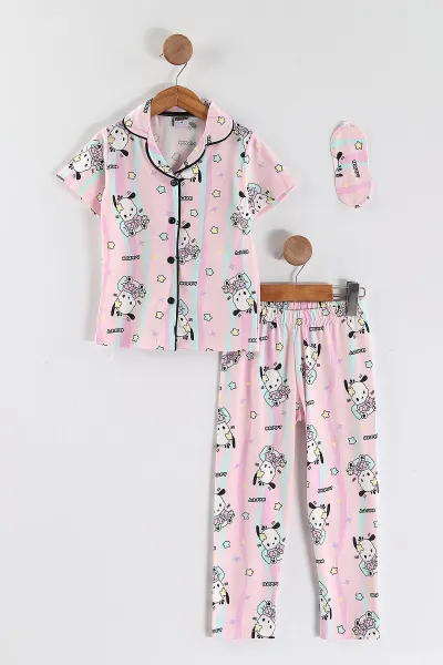 Pembe (4-12 Yaş) Baskılı Kısa Kol Ön Düğmeli Göz Bandı Detaylı Kız Çocuk Pijama Takım 453254