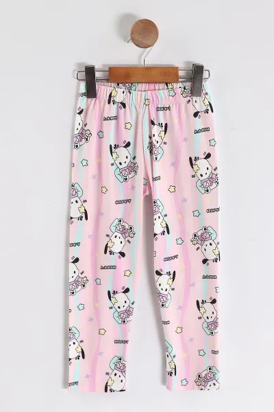 Pembe (4-12 Yaş) Baskılı Kısa Kol Ön Düğmeli Göz Bandı Detaylı Kız Çocuk Pijama Takım 453254