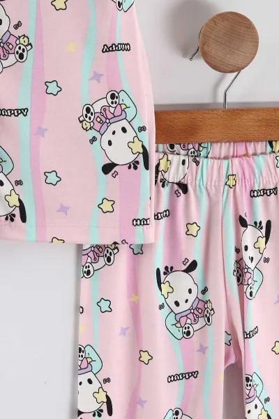 Pembe (4-12 Yaş) Baskılı Kısa Kol Ön Düğmeli Göz Bandı Detaylı Kız Çocuk Pijama Takım 453254