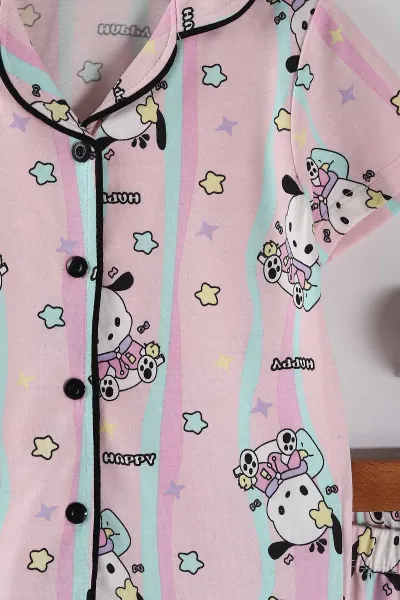 Pembe (4-12 Yaş) Baskılı Kısa Kol Ön Düğmeli Göz Bandı Detaylı Kız Çocuk Pijama Takım 453254