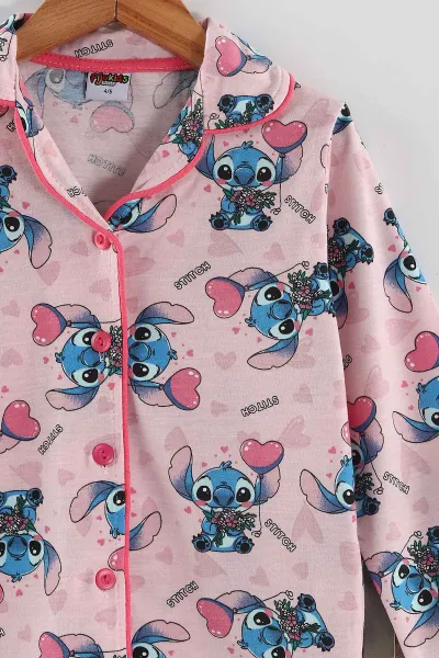 Pembe (4-12 Yaş) Baskılı Uzun Kol Ön Düğmeli Göz Bandı Detaylı Kız Çocuk Pijama Takım 453260