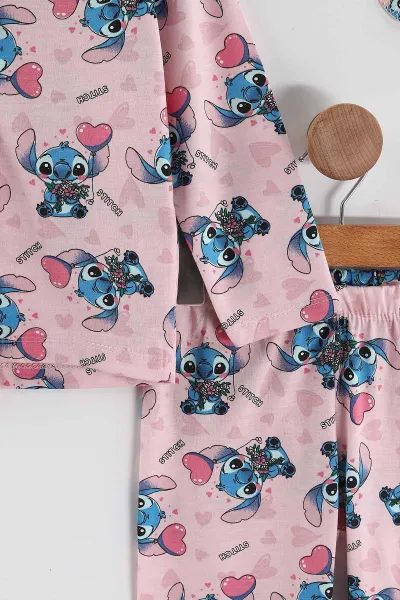 Pembe (4-12 Yaş) Baskılı Uzun Kol Ön Düğmeli Göz Bandı Detaylı Kız Çocuk Pijama Takım 453260