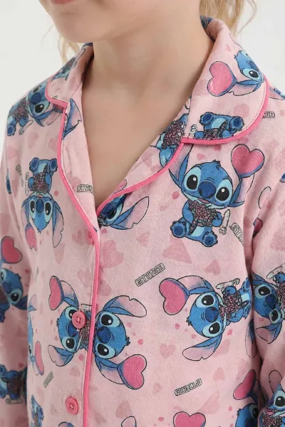 Pembe (4-12 Yaş) Baskılı Uzun Kol Ön Düğmeli Göz Bandı Detaylı Kız Çocuk Pijama Takım 453260
