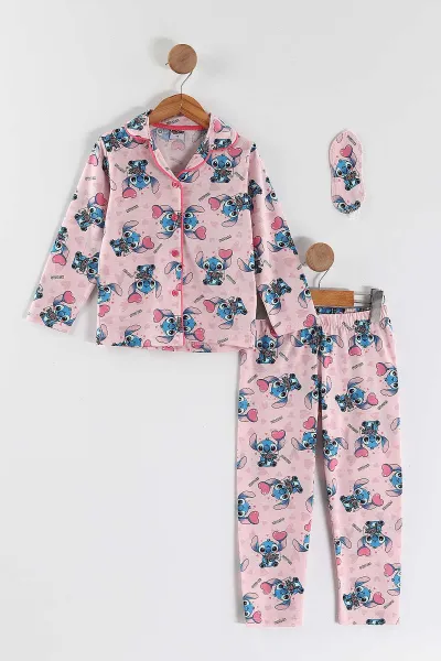 Pembe (4-12 Yaş) Baskılı Uzun Kol Ön Düğmeli Göz Bandı Detaylı Kız Çocuk Pijama Takım 453260
