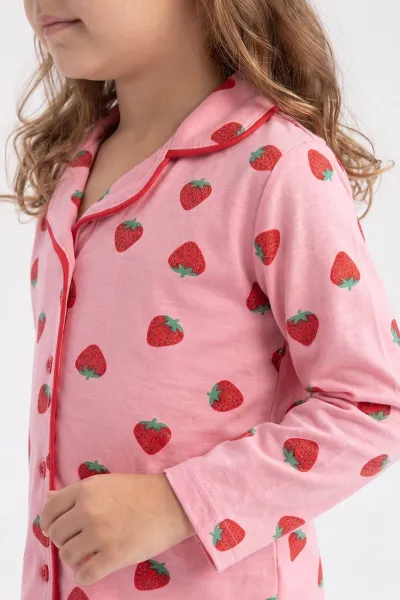 Pembe (4-12 Yaş)  Desenli Önden Düğmeli Göz Bandı Detaylı Kız Çocuk Pijama Takım 473463